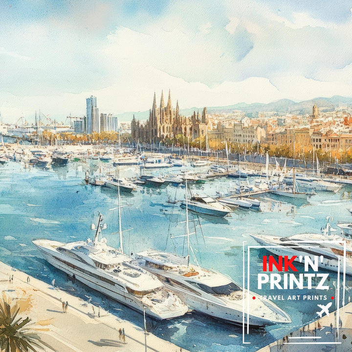 Barcelona Watercolour Painting Poster Spain Wall Art City Landscape Print Gift for Europe Lovers and Fans of Scenic Catalonia Architecture