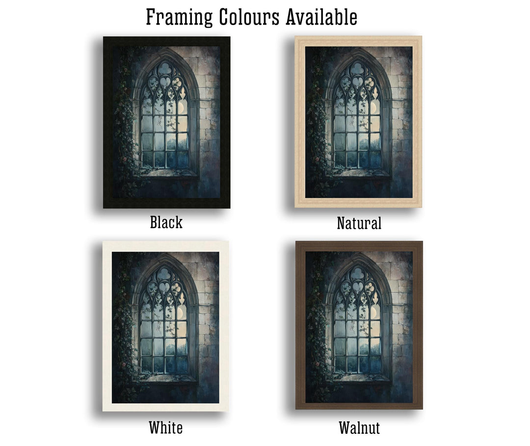 Gothic Window at Moonlight Poster Dark Academia Art Cottagecore Decor Vintage Architectural Illustration Rustic Nocturnal Wall Art