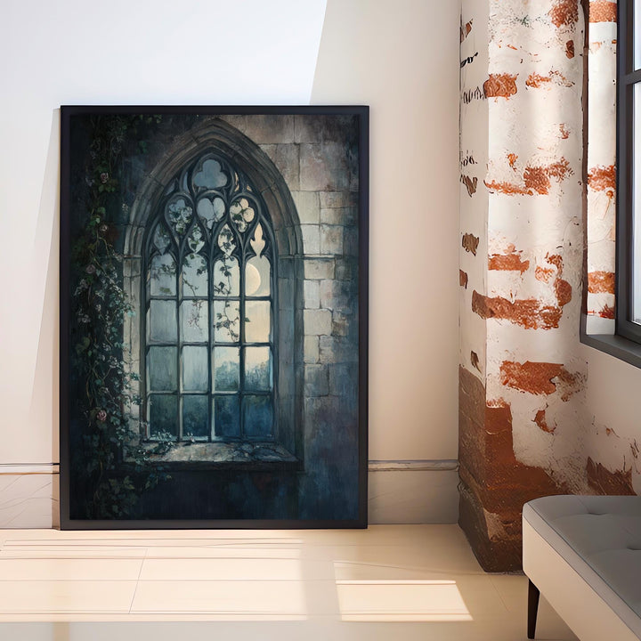 Gothic Window at Moonlight Poster Dark Academia Art Cottagecore Decor Vintage Architectural Illustration Rustic Nocturnal Wall Art
