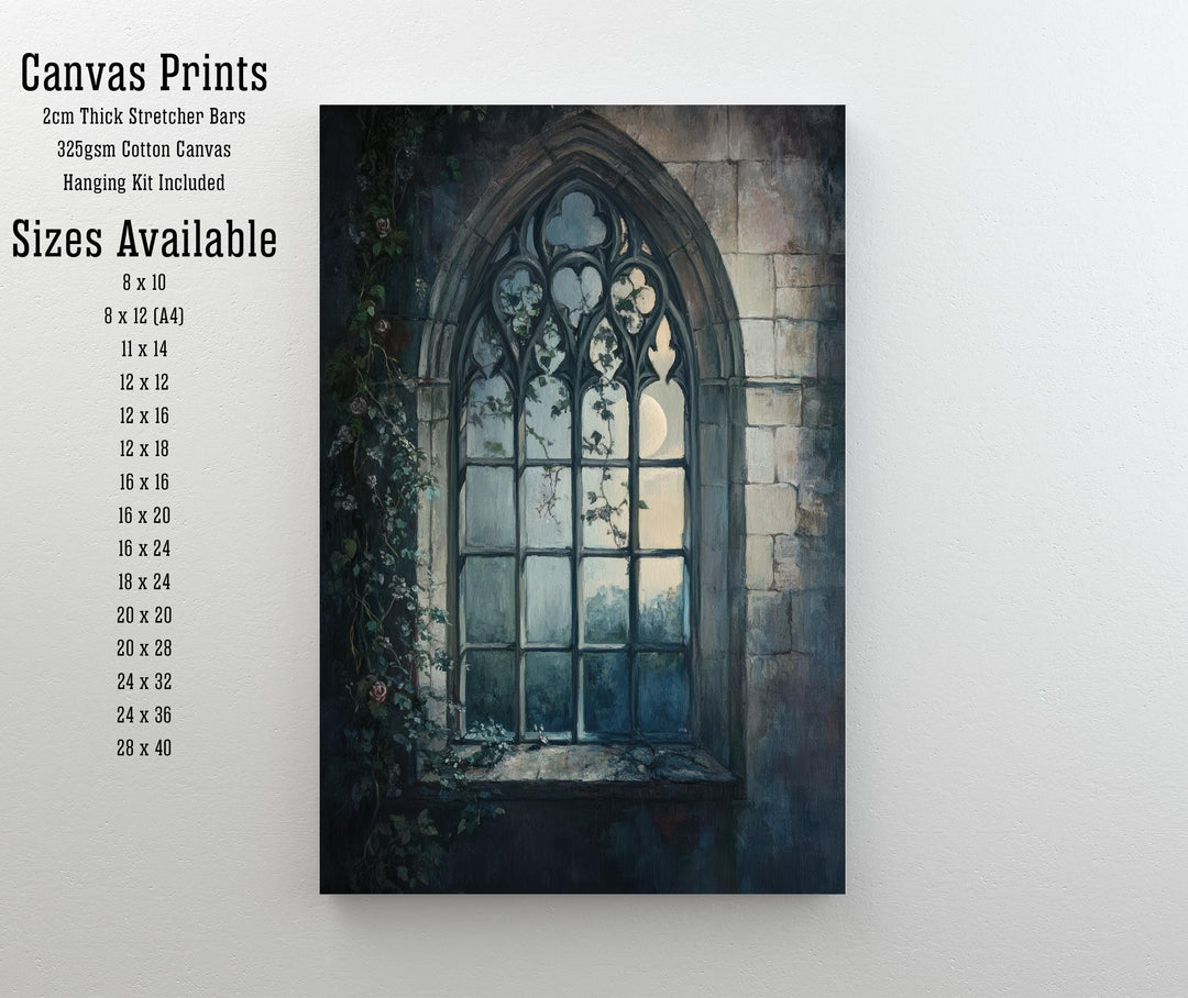 Gothic Window at Moonlight Poster Dark Academia Art Cottagecore Decor Vintage Architectural Illustration Rustic Nocturnal Wall Art