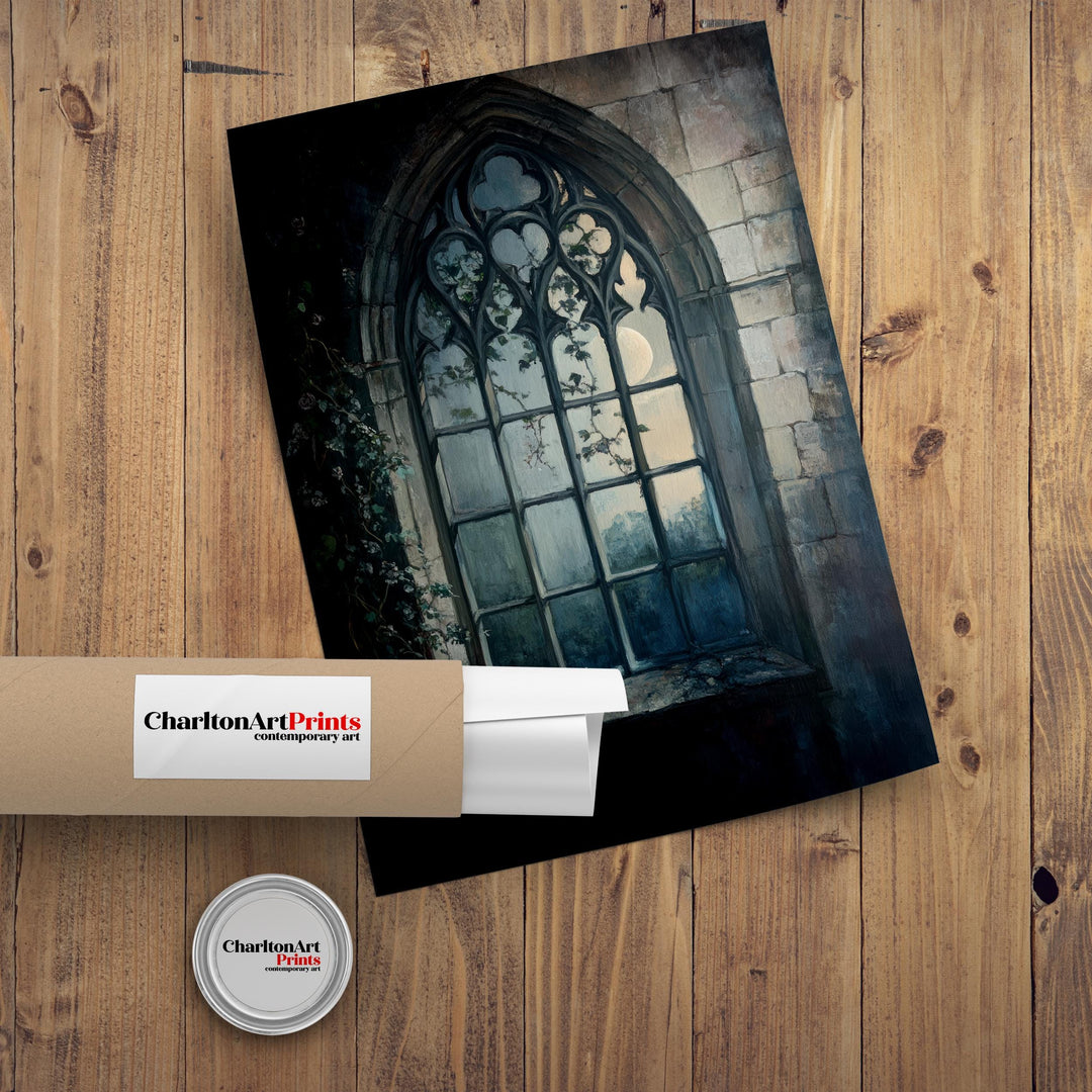 Gothic Window at Moonlight Poster Dark Academia Art Cottagecore Decor Vintage Architectural Illustration Rustic Nocturnal Wall Art