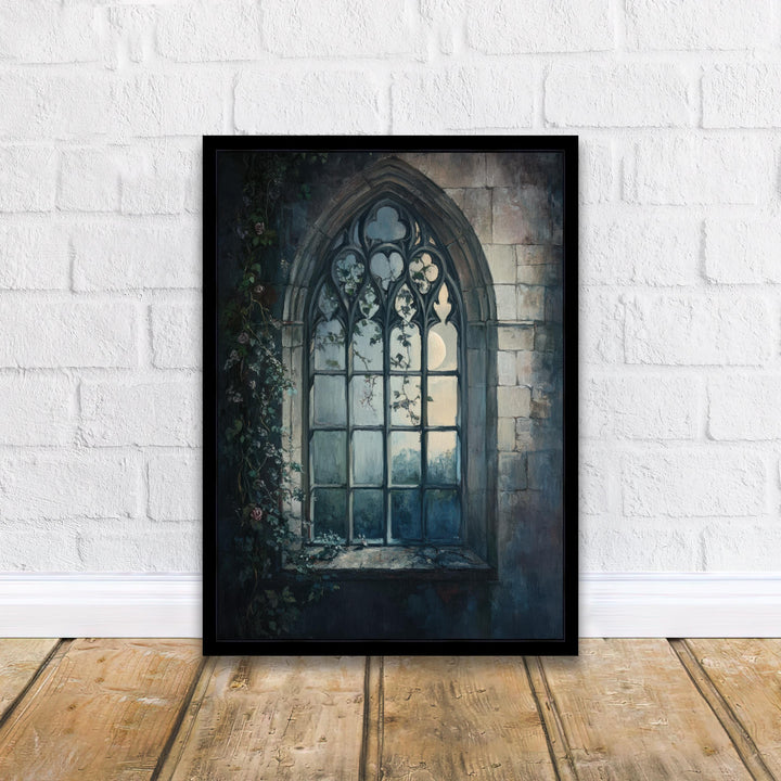 Gothic Window at Moonlight Poster Dark Academia Art Cottagecore Decor Vintage Architectural Illustration Rustic Nocturnal Wall Art
