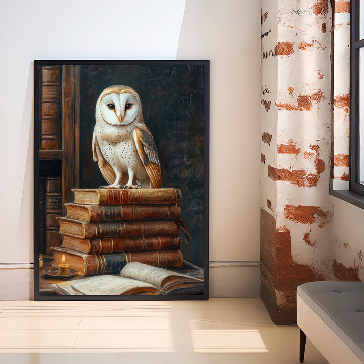 Owl Perched on Books Poster Dark Academia Art Cottagecore Decor Vintage Still Life Illustration Rustic Study Wall Art Poster Print