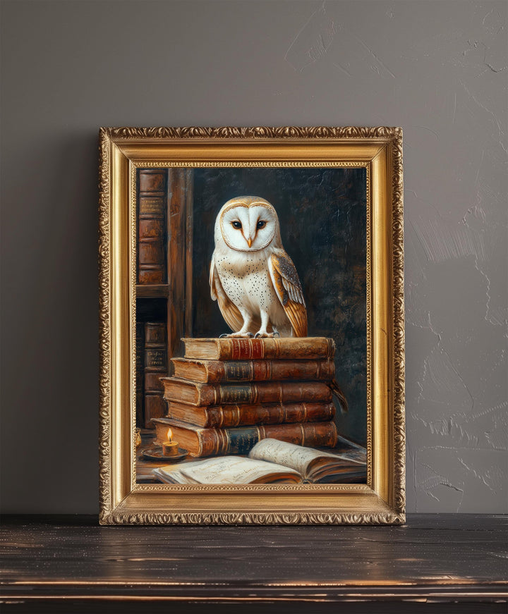 Owl Perched on Books Poster Dark Academia Art Cottagecore Decor Vintage Still Life Illustration Rustic Study Wall Art Poster Print