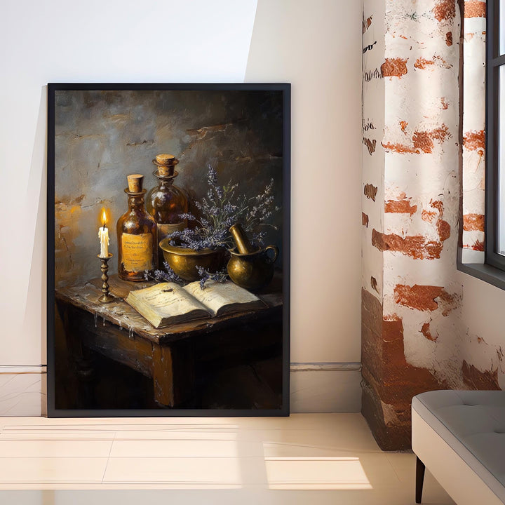 Wooden Apothecary Table Art Dark Academia Cottagecore Decor Vintage Still Life Illustration Rustic Study Wall Art Print