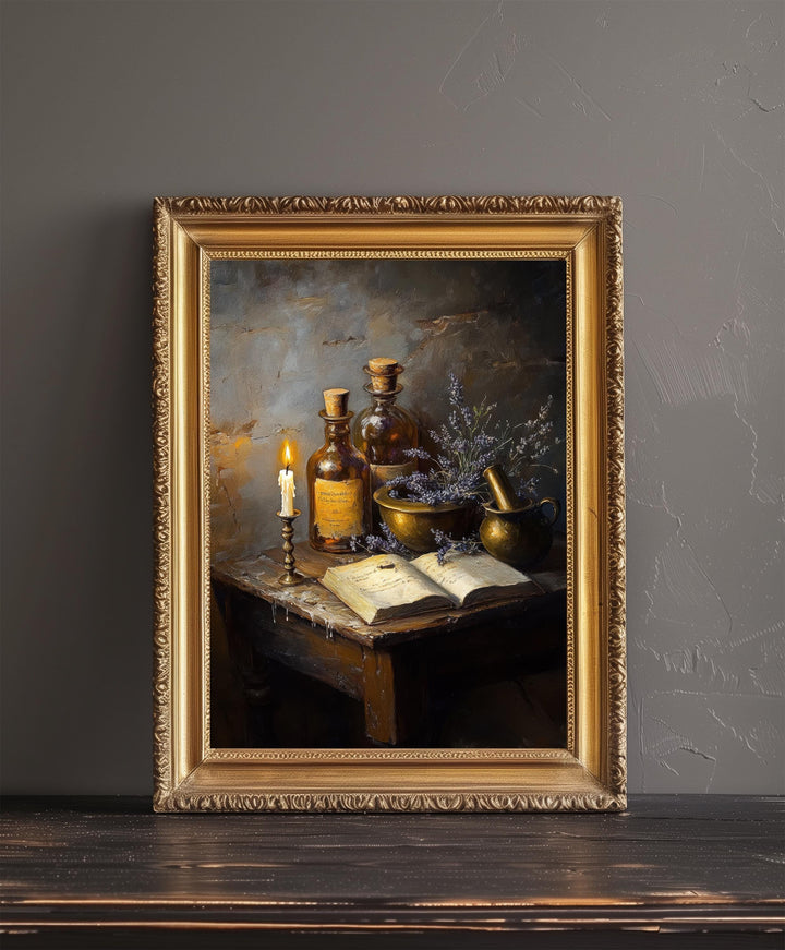 Wooden Apothecary Table Art Dark Academia Cottagecore Decor Vintage Still Life Illustration Rustic Study Wall Art Print