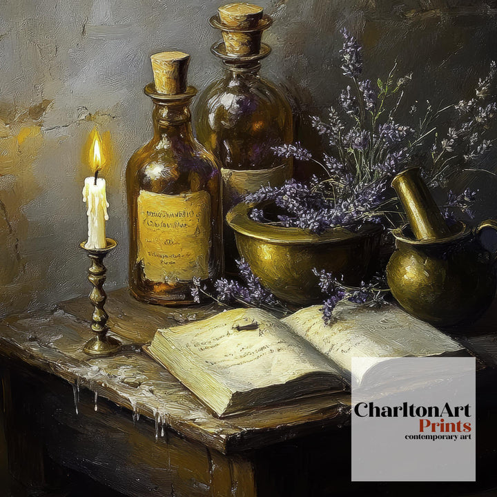 Wooden Apothecary Table Art Dark Academia Cottagecore Decor Vintage Still Life Illustration Rustic Study Wall Art Print