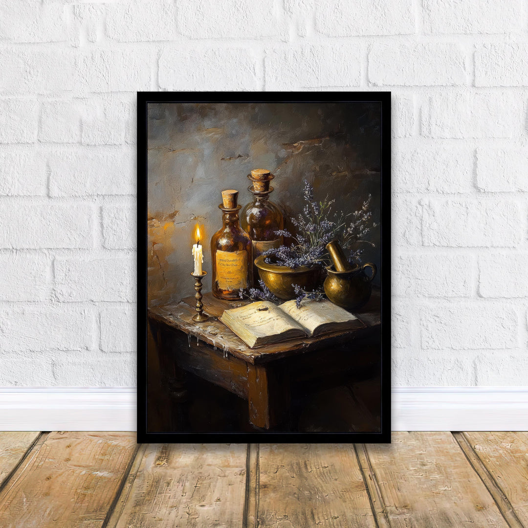Wooden Apothecary Table Art Dark Academia Cottagecore Decor Vintage Still Life Illustration Rustic Study Wall Art Print