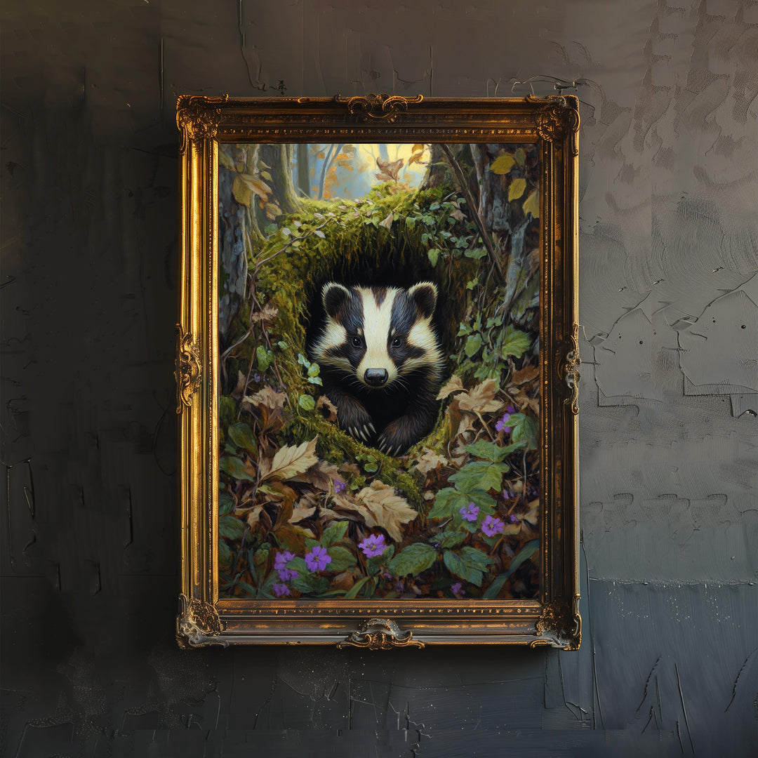 Cottagecore Badger In Burrow Art Rustic Woodland Decor Nature Illustration Country Home Wall Art Vintage Wildlife Print