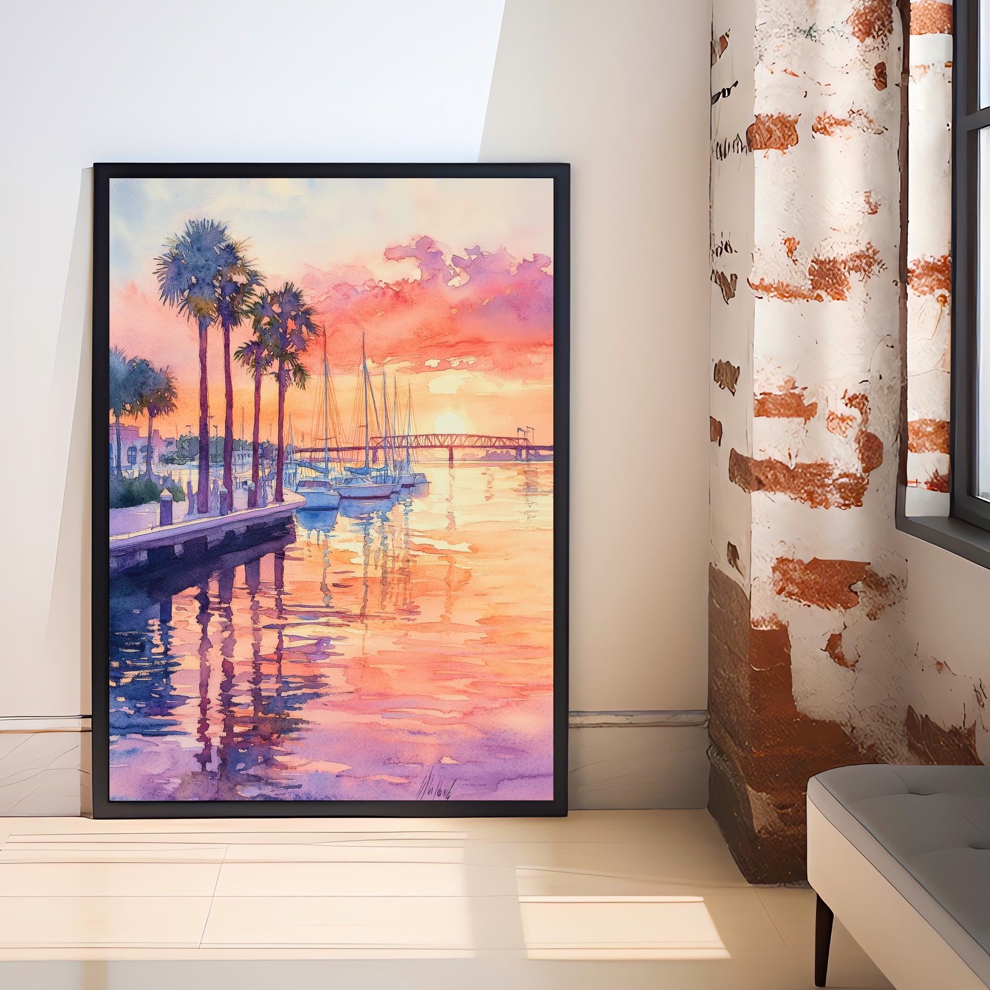 Bradenton Watercolor Painting Poster Florida USA Wall Art Coastal City Landscape Print Gift for American Scenic Gulf coast painting