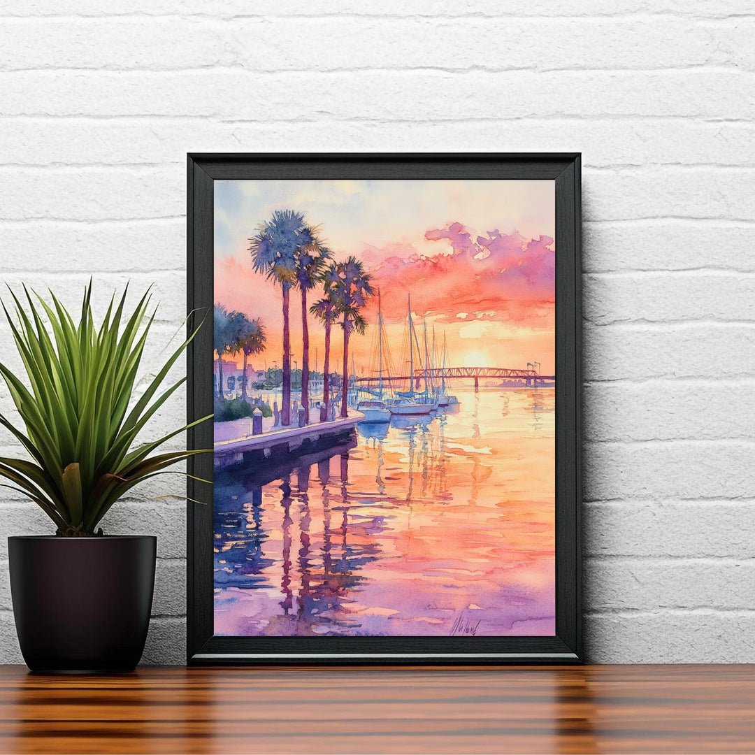 Bradenton Watercolor Painting Poster Florida USA Wall Art Coastal City Landscape Print Gift for American Scenic Gulf coast painting