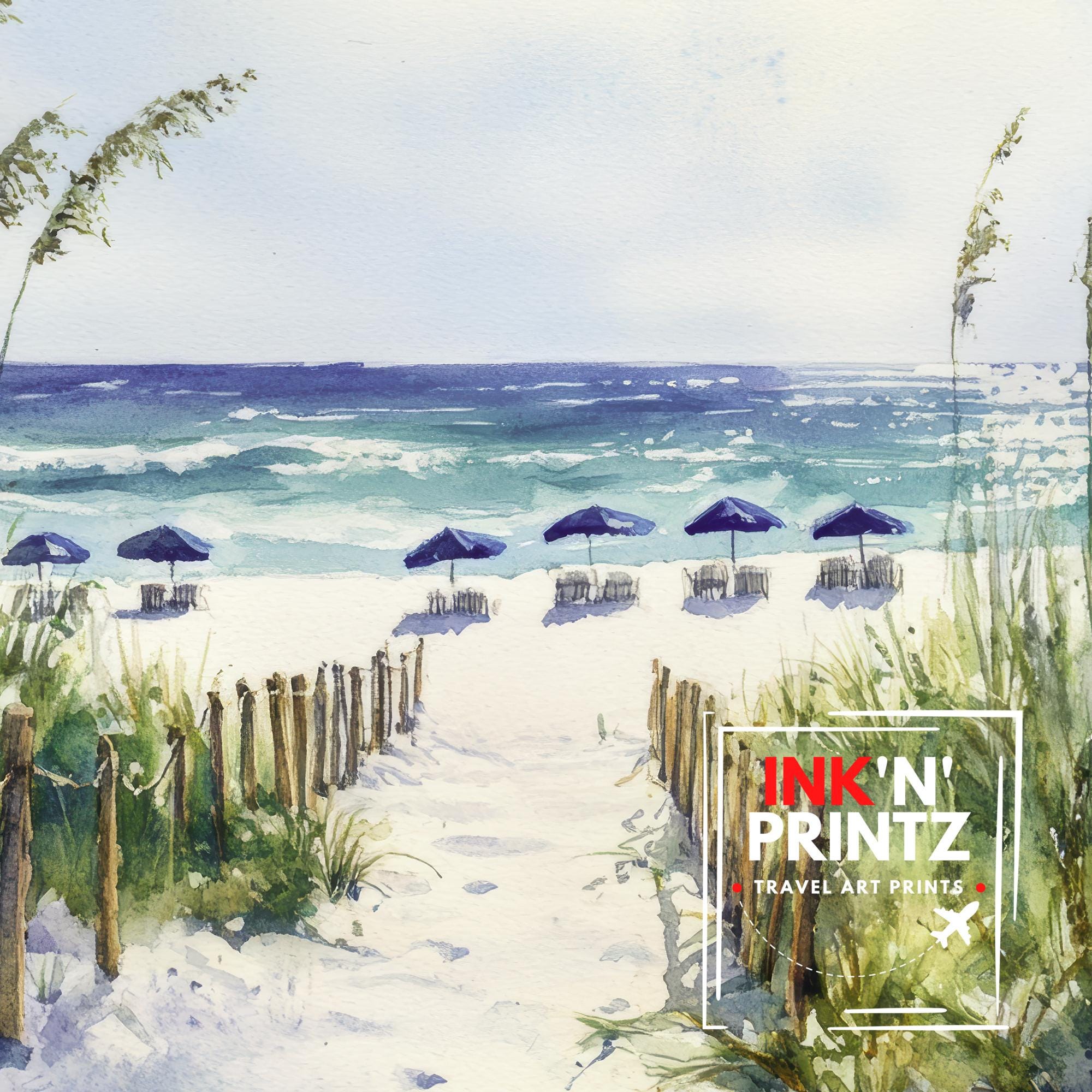 Destin Beach Florida Watercolor Painting Poster USA Wall Art Coastal Landscape Print Gift for American Lovers and Fans of Scenic Gulf Coast