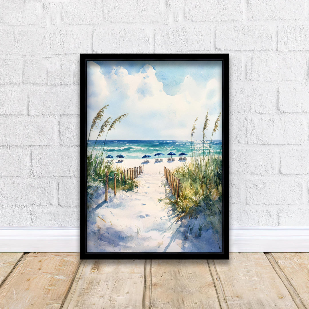 Destin Beach Florida Watercolor Painting Poster USA Wall Art Coastal Landscape Print Gift for American Lovers and Fans of Scenic Gulf Coast