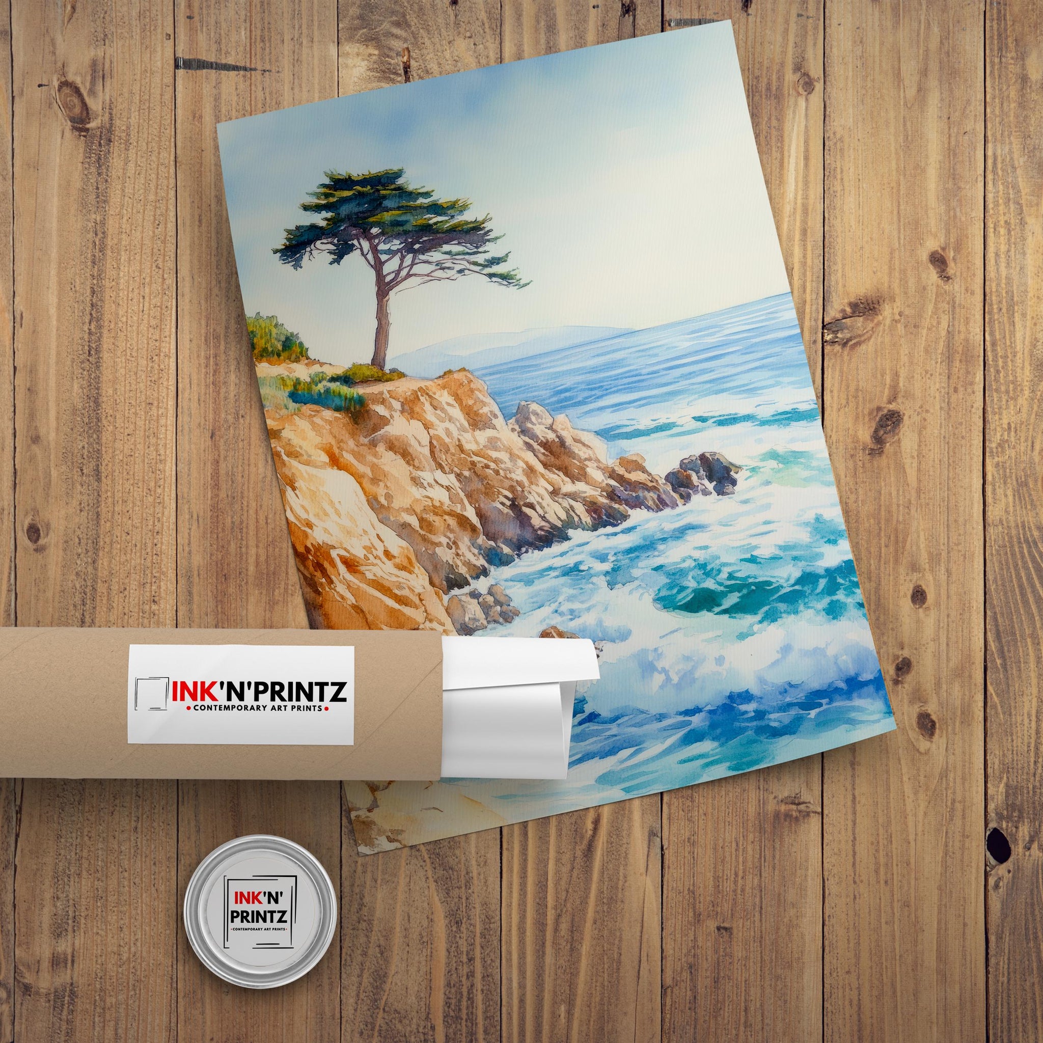 Monterey California Watercolor Painting Poster USA Wall Art Coastal Landscape Print Gift for American Lovers and Fans of Scenic Pacific