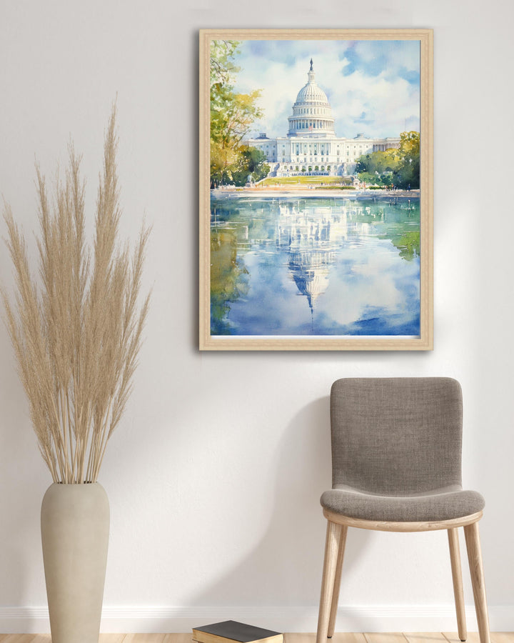 Washington DC Watercolor Painting Poster USA Wall Art City Skyline Landscape Print Gift for American Lovers and Fans of Scenic Historic