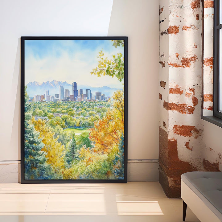 Denver Watercolor Painting Poster Colorado USA Wall Art City Skyline Landscape Print Gift for American Lovers and Fans of Scenic Rocky