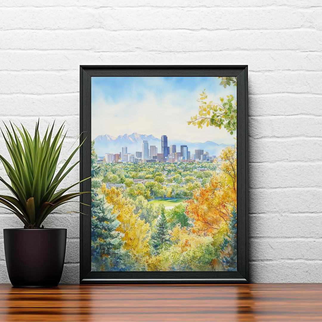 Denver Watercolor Painting Poster Colorado USA Wall Art City Skyline Landscape Print Gift for American Lovers and Fans of Scenic Rocky