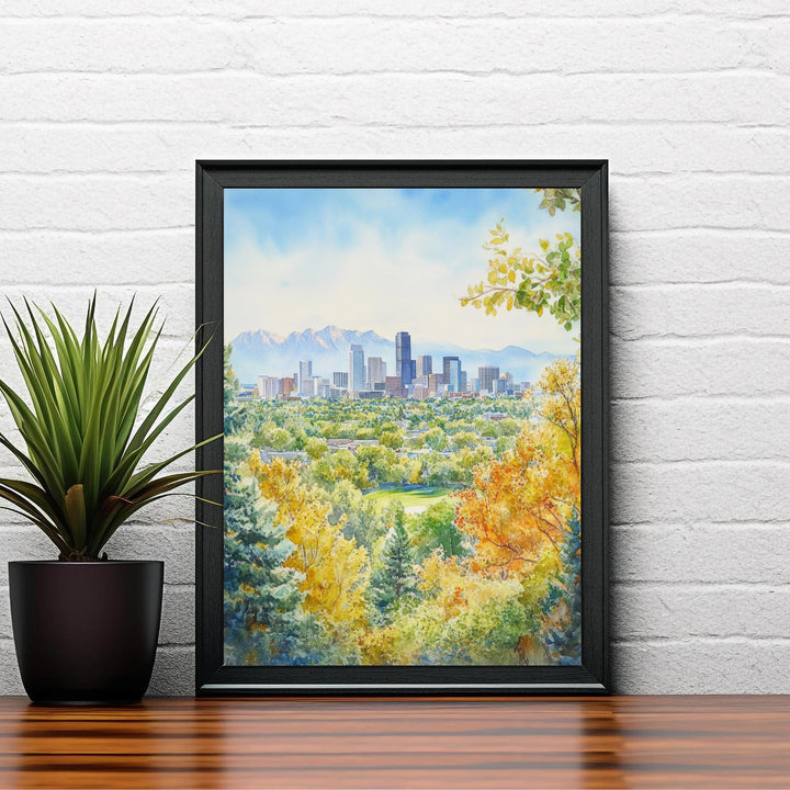Denver Watercolor Painting Poster Colorado USA Wall Art City Skyline Landscape Print Gift for American Lovers and Fans of Scenic Rocky