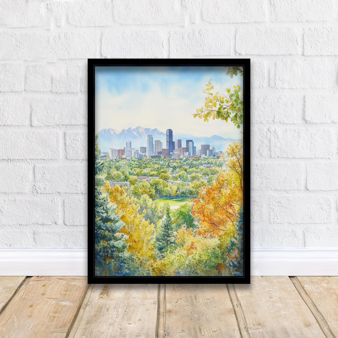 Denver Watercolor Painting Poster Colorado USA Wall Art City Skyline Landscape Print Gift for American Lovers and Fans of Scenic Rocky