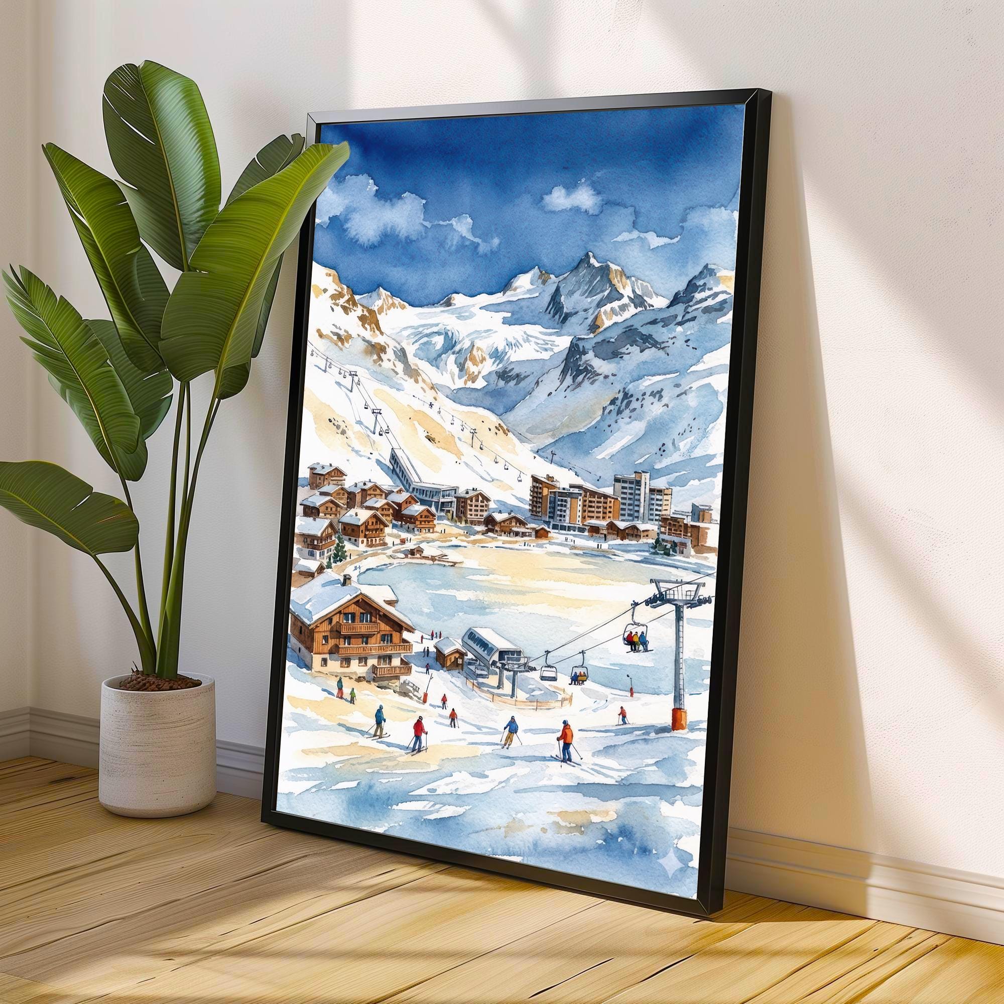 Tignes Ski Resort Watercolor Painting Poster France Wall Art Alpine Landscape Print Gift for Europe Lovers and Fans of Scenic French