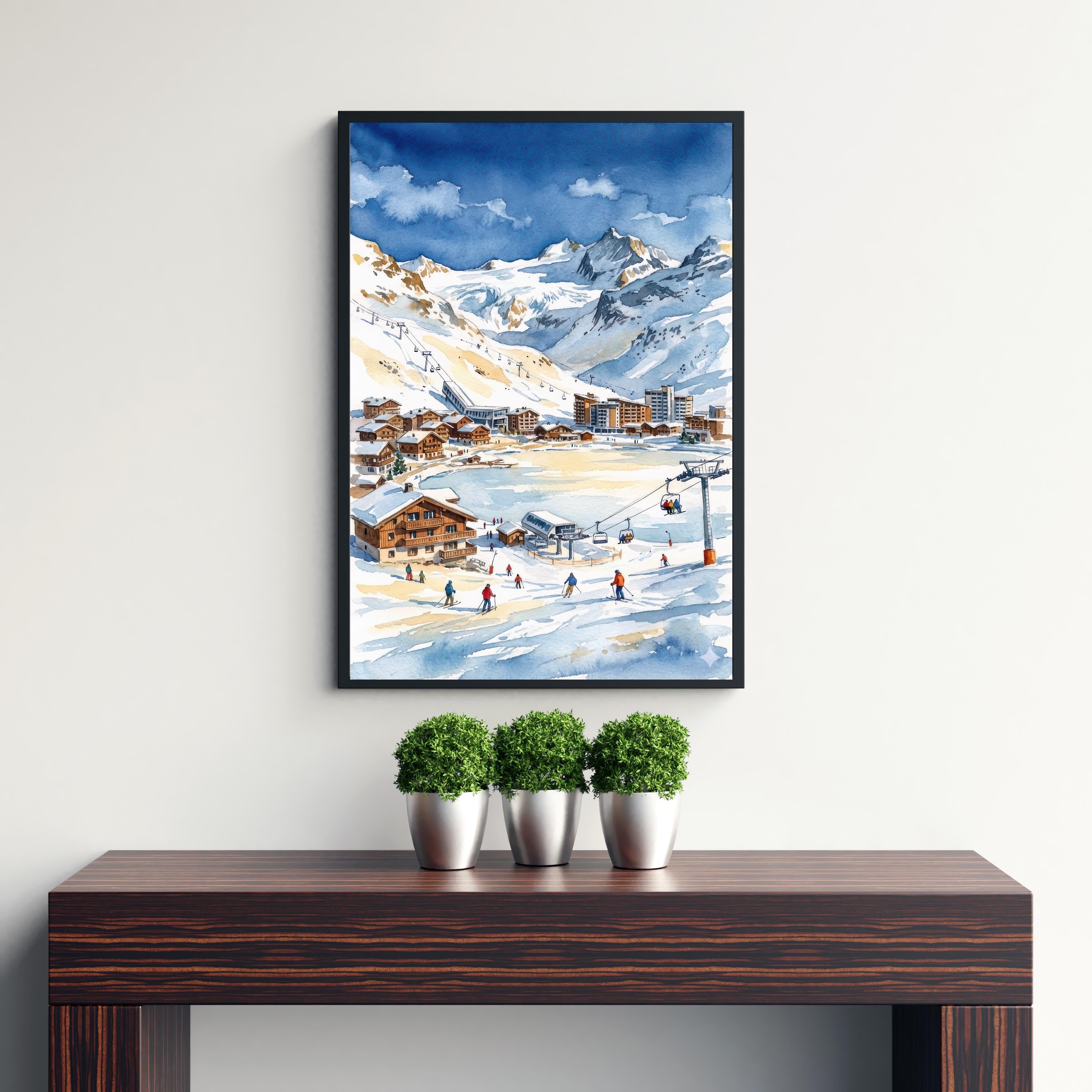 Tignes Ski Resort Watercolor Painting Poster France Wall Art Alpine Landscape Print Gift for Europe Lovers and Fans of Scenic French