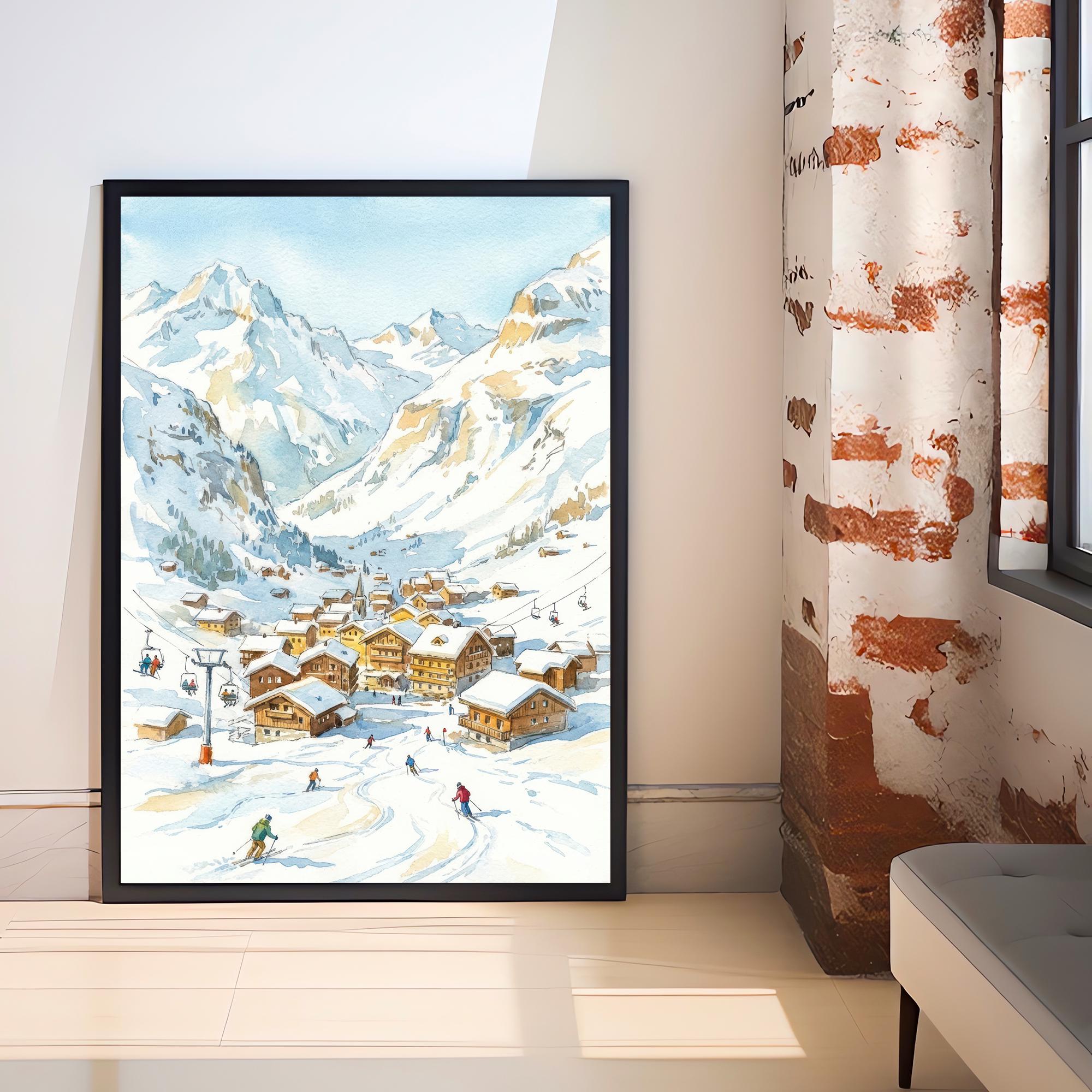 Val d Isere Ski Resort Watercolor Painting Poster France Wall Art Alpine Landscape Print Gift for Europe Lovers and Fans of Scenic French