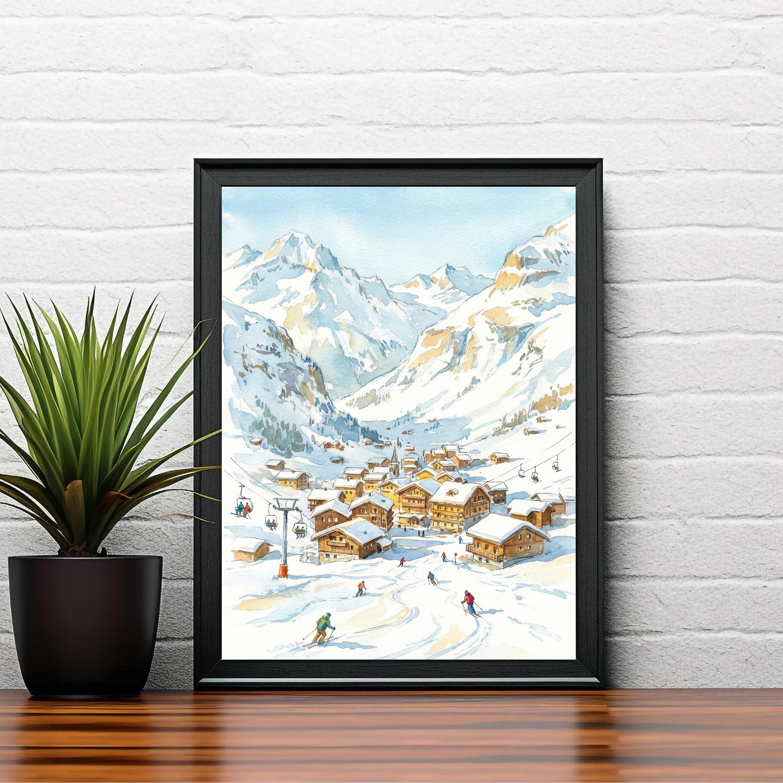 Val d Isere Ski Resort Watercolor Painting Poster France Wall Art Alpine Landscape Print Gift for Europe Lovers and Fans of Scenic French