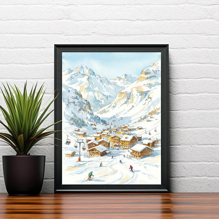 Val d Isere Ski Resort Watercolor Painting Poster France Wall Art Alpine Landscape Print Gift for Europe Lovers and Fans of Scenic French
