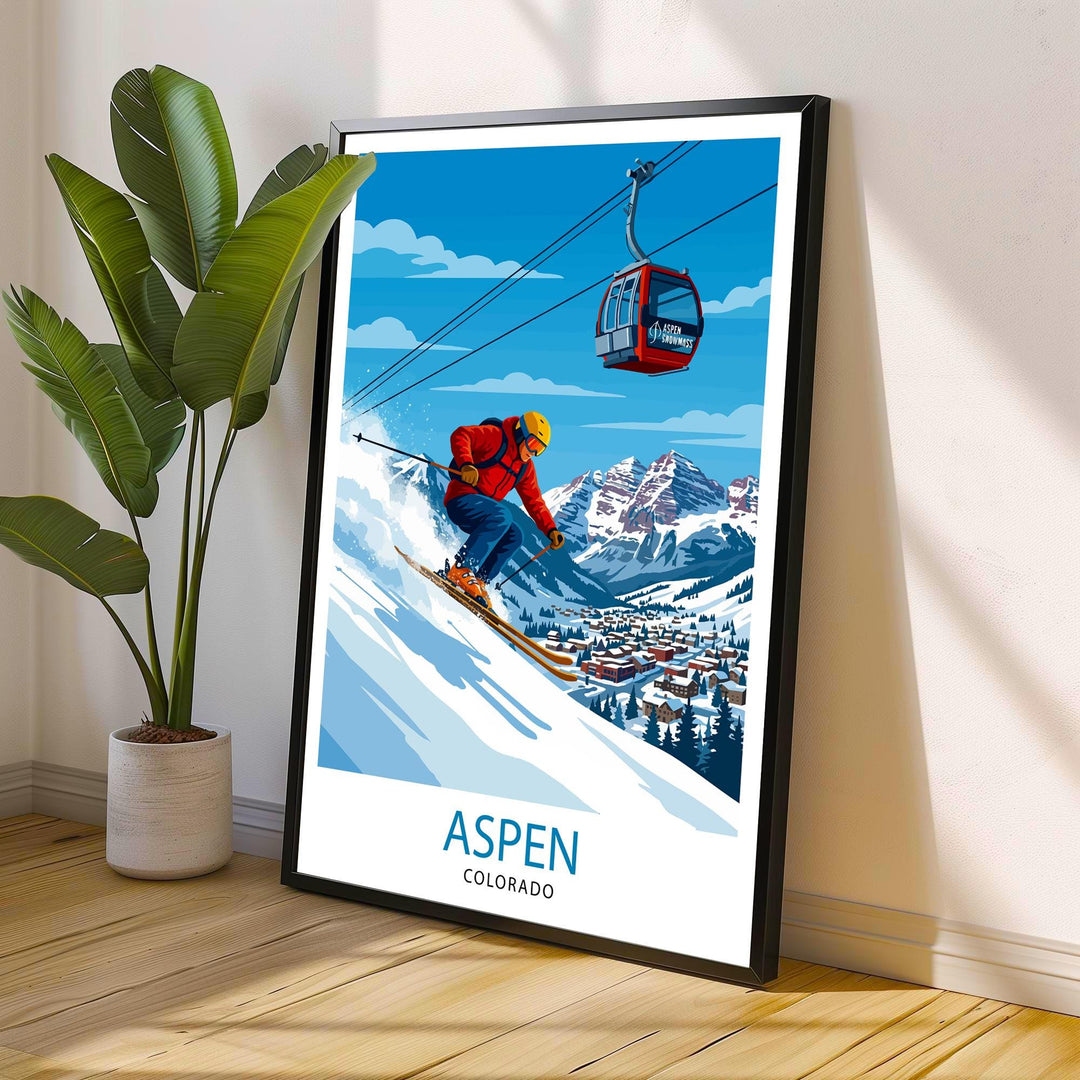 Aspen Colorado Ski Poster Print USA Wall Art Mountain Resort Landscape Gift for American Travel Lovers and Fans of Scenic Winter Sports