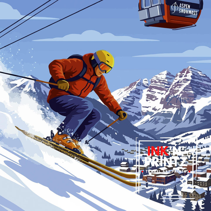 Aspen Colorado Ski Poster Print USA Wall Art Mountain Resort Landscape Gift for American Travel Lovers and Fans of Scenic Winter Sports