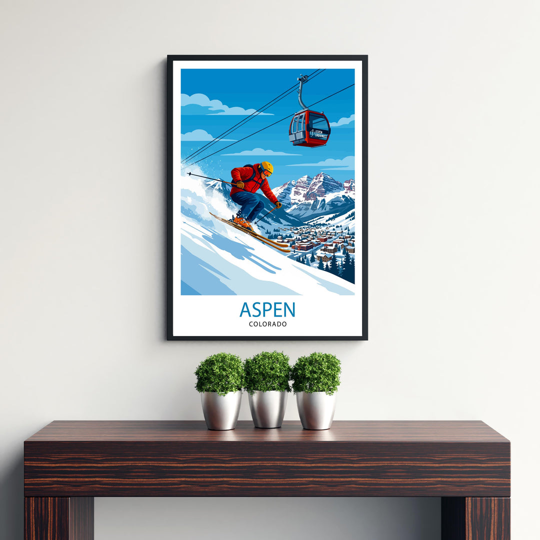 Aspen Colorado Ski Poster Print USA Wall Art Mountain Resort Landscape Gift for American Travel Lovers and Fans of Scenic Winter Sports