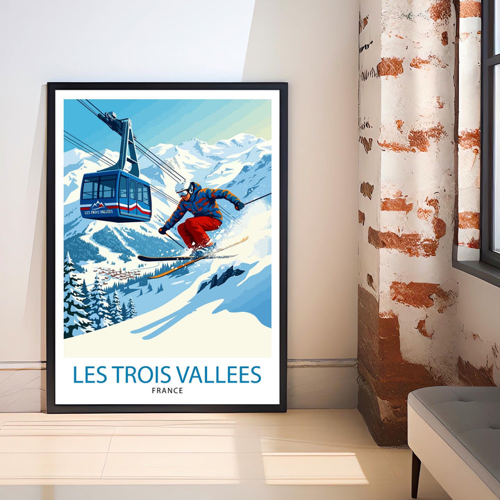Les Trois Vallees Ski Poster Print France Wall Art Mountain Resort Landscape Gift for Europe Travel Lovers and Fans of Scenic French Alps