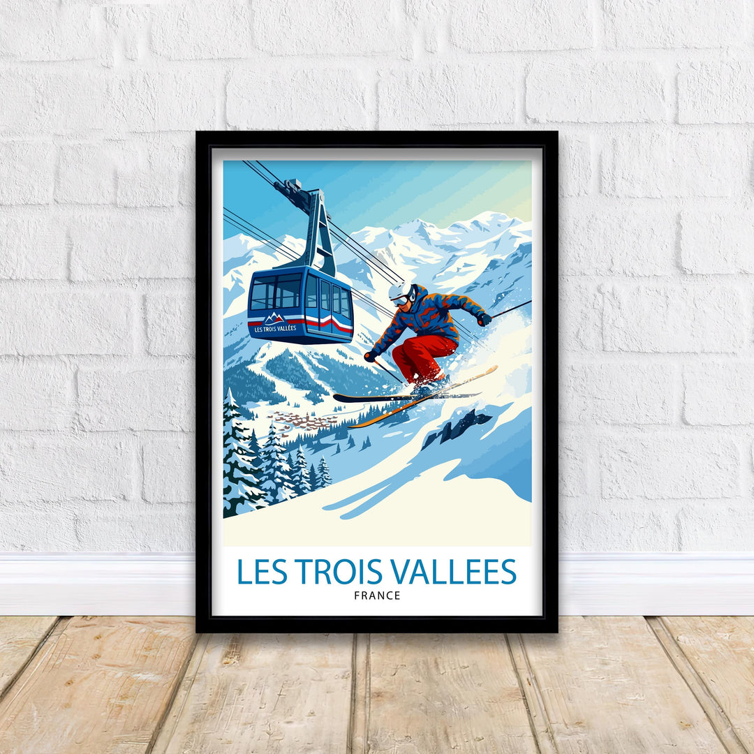 Les Trois Vallees Ski Poster Print France Wall Art Mountain Resort Landscape Gift for Europe Travel Lovers and Fans of Scenic French Alps