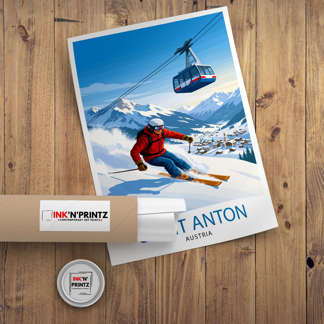 St Anton Ski Poster Print Austria Wall Art Mountain Resort Landscape Gift for Europe Travel Lovers and Fans of Scenic Austrian Alps Winter