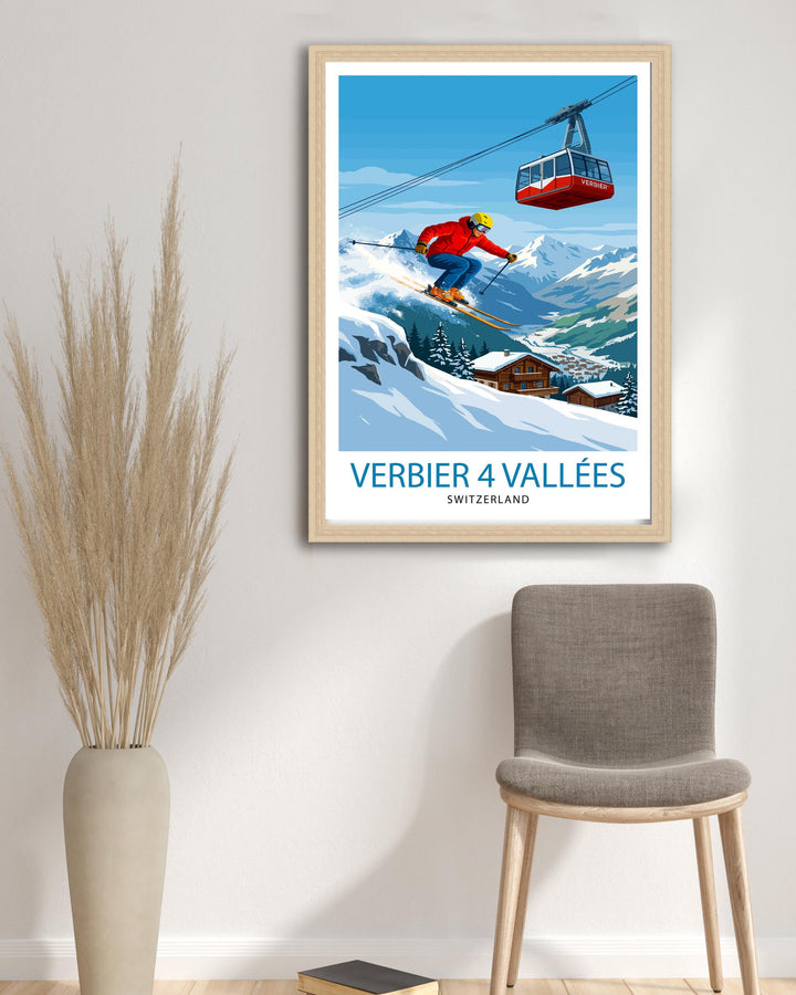 Verbier 4 Valleys Ski Resort Poster Print Switzerland Wall Art Mountain Landscape Gift for Europe Lovers and Fans of Scenic Swiss Alps