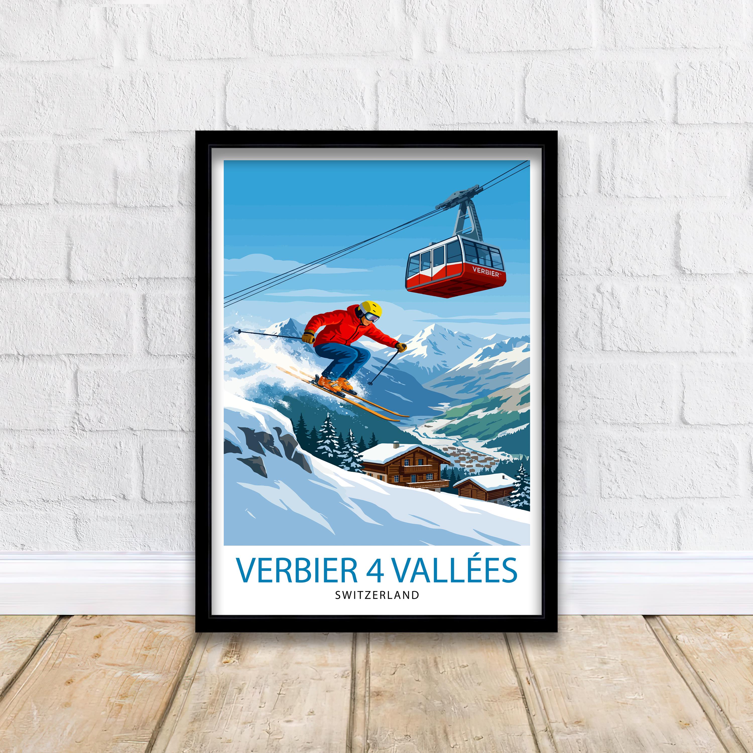 Verbier 4 Valleys Ski Resort Poster Print Switzerland Wall Art Mountain Landscape Gift for Europe Lovers and Fans of Scenic Swiss Alps