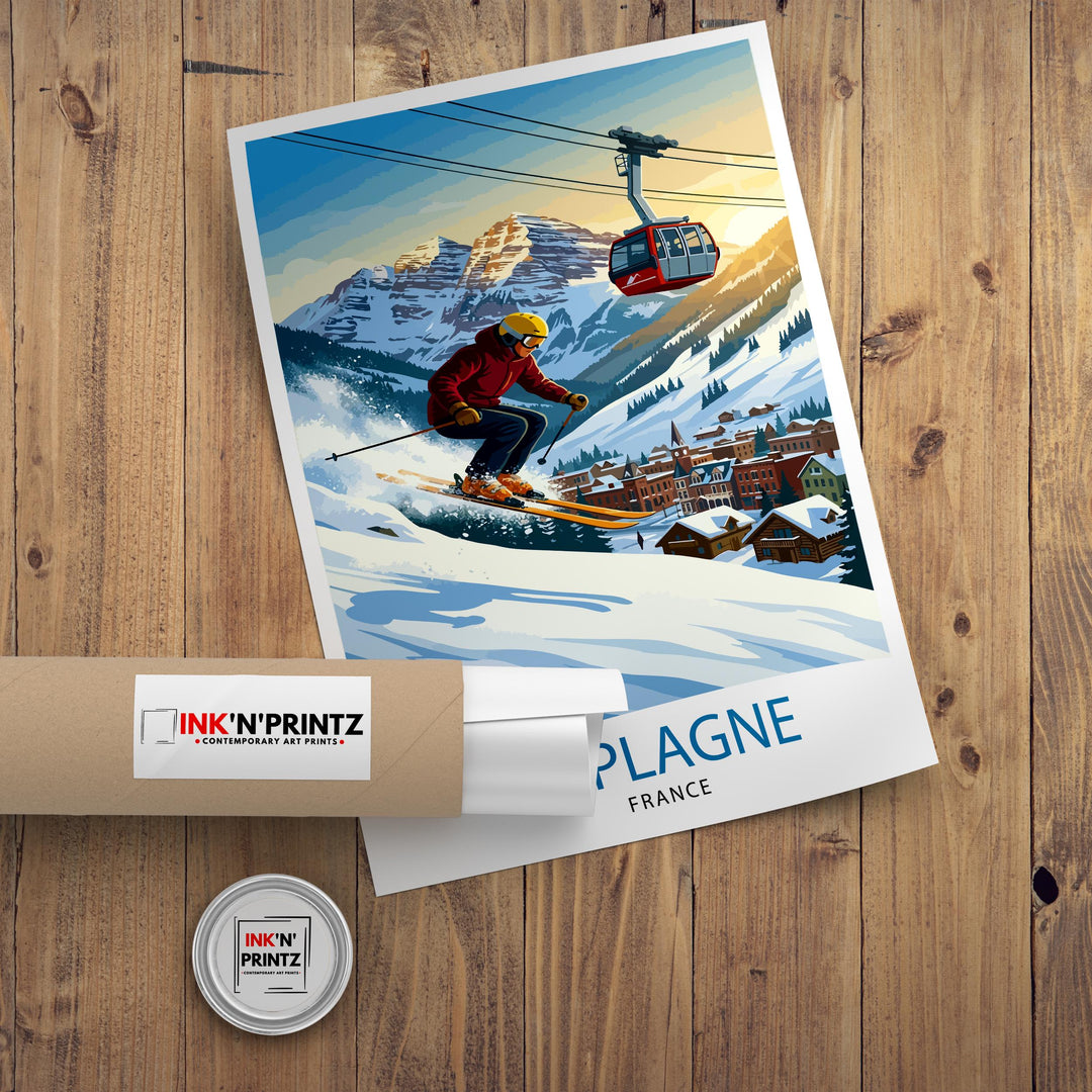 La Plagne Ski Resort Poster Print France Wall Art Mountain Landscape Gift for Europe Travel Lovers and Fans of Scenic French Alps Winter