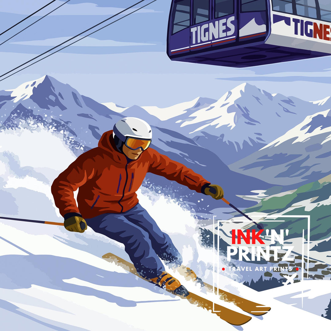 Tignes Ski Poster Print France Wall Art Mountain Resort Landscape Gift for Europe Travel Lovers and Fans of Scenic French Alps Winter