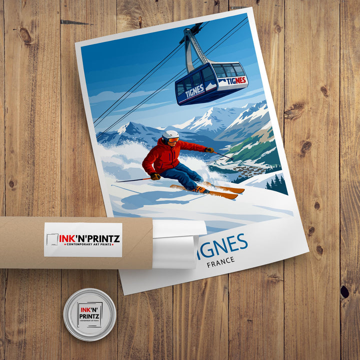 Tignes Ski Poster Print France Wall Art Mountain Resort Landscape Gift for Europe Travel Lovers and Fans of Scenic French Alps Winter