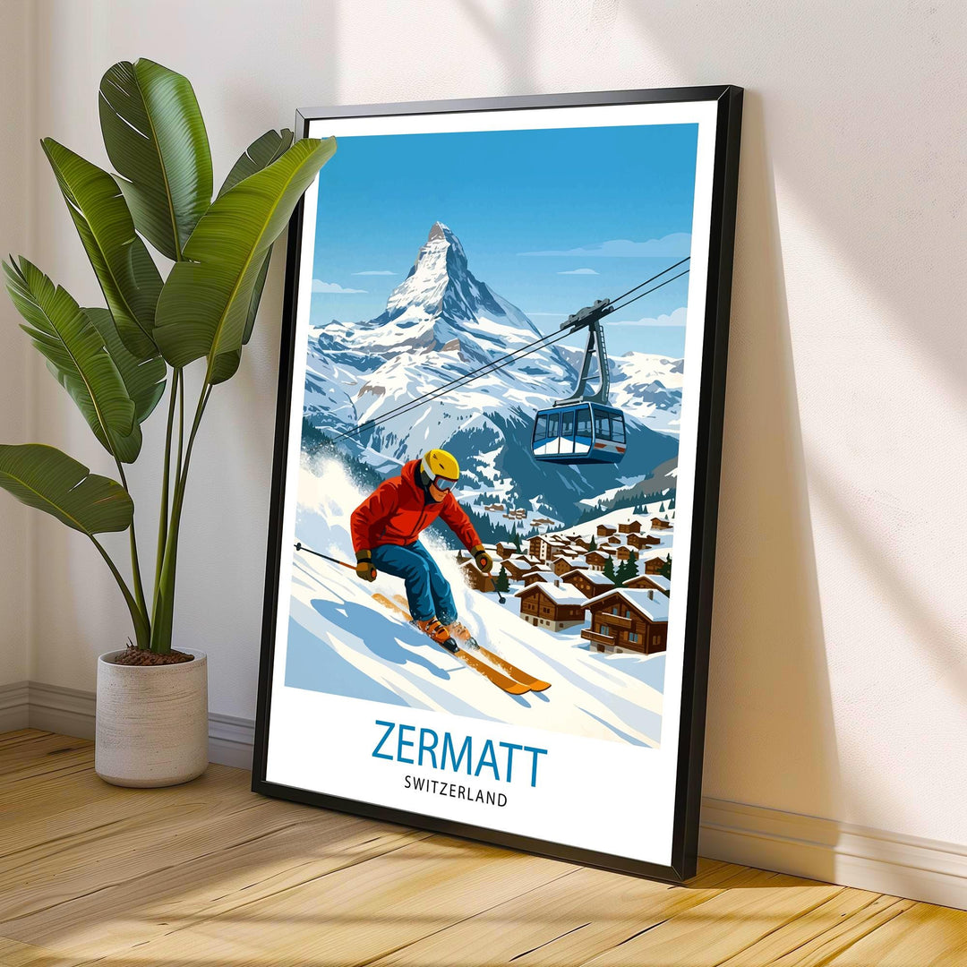 Zermatt Ski Poster Print Switzerland Wall Art Mountain Resort Landscape Gift for Europe Travel Lovers and Fans of Scenic Swiss Alps Winter