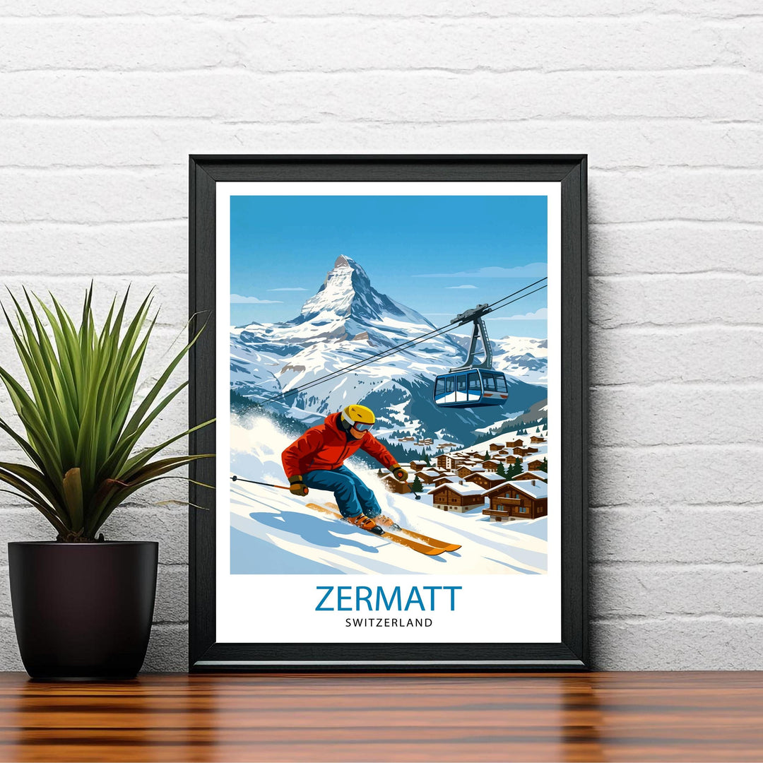 Zermatt Ski Poster Print Switzerland Wall Art Mountain Resort Landscape Gift for Europe Travel Lovers and Fans of Scenic Swiss Alps Winter