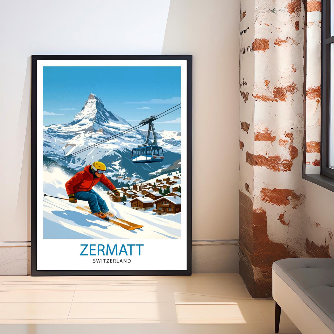 Zermatt Ski Poster Print Switzerland Wall Art Mountain Resort Landscape Gift for Europe Travel Lovers and Fans of Scenic Swiss Alps Winter