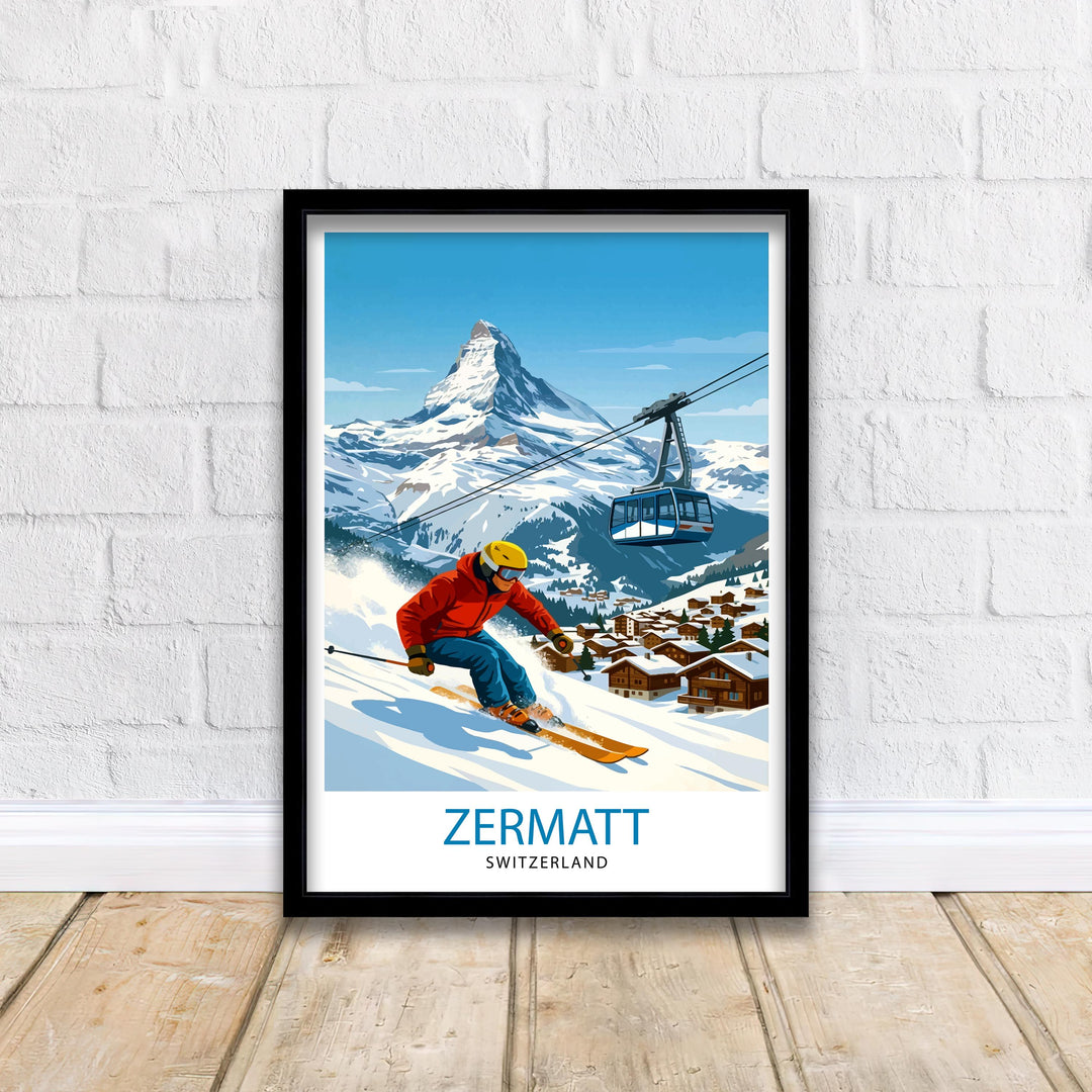 Zermatt Ski Poster Print Switzerland Wall Art Mountain Resort Landscape Gift for Europe Travel Lovers and Fans of Scenic Swiss Alps Winter