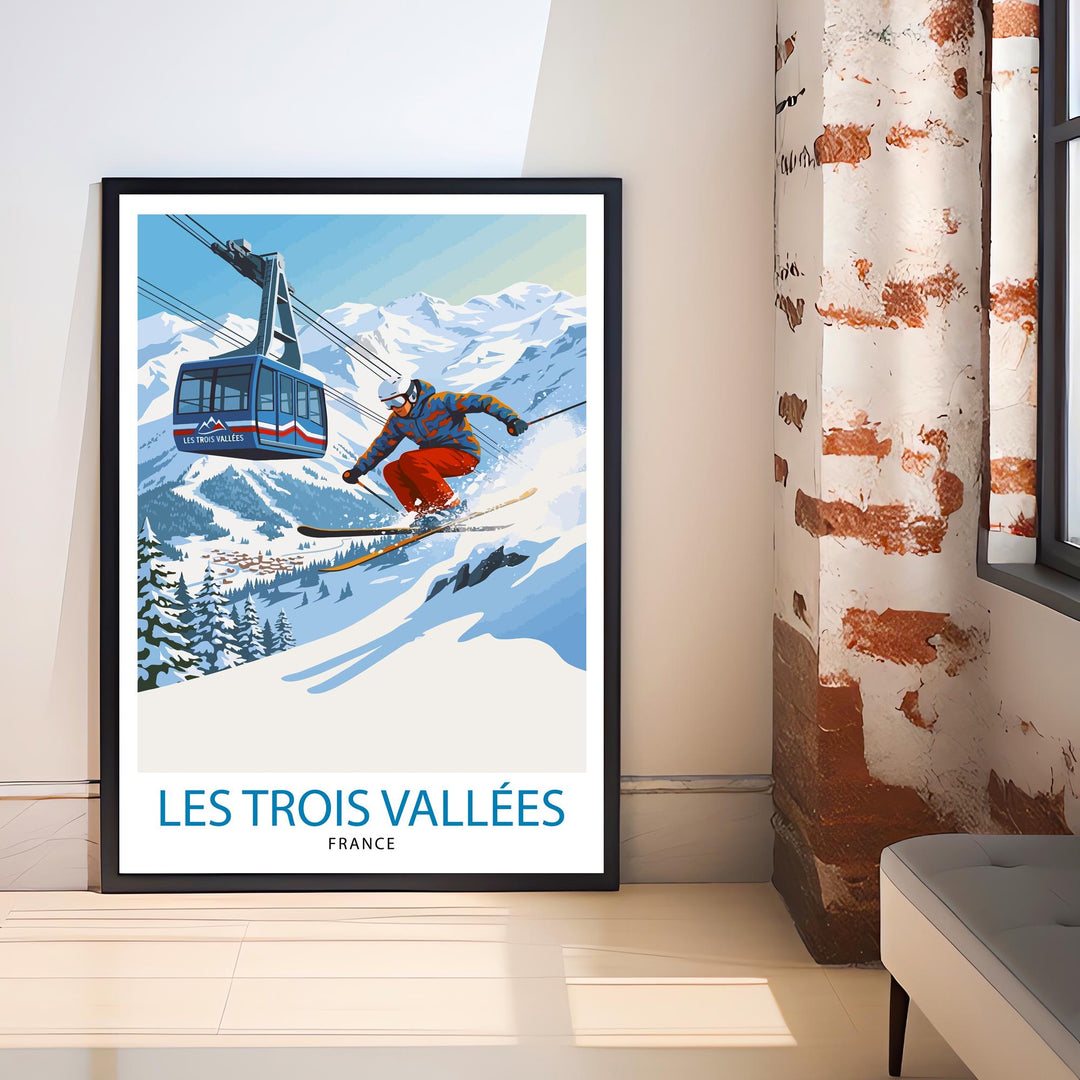 Les Trois Vallees Ski Poster Print France Wall Art Mountain Resort Landscape Gift for Europe Travel Lovers and Fans of Scenic French Alps