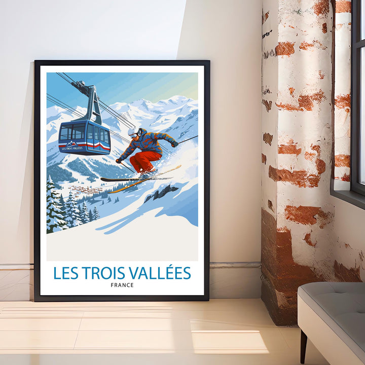 Les Trois Vallees Ski Poster Print France Wall Art Mountain Resort Landscape Gift for Europe Travel Lovers and Fans of Scenic French Alps