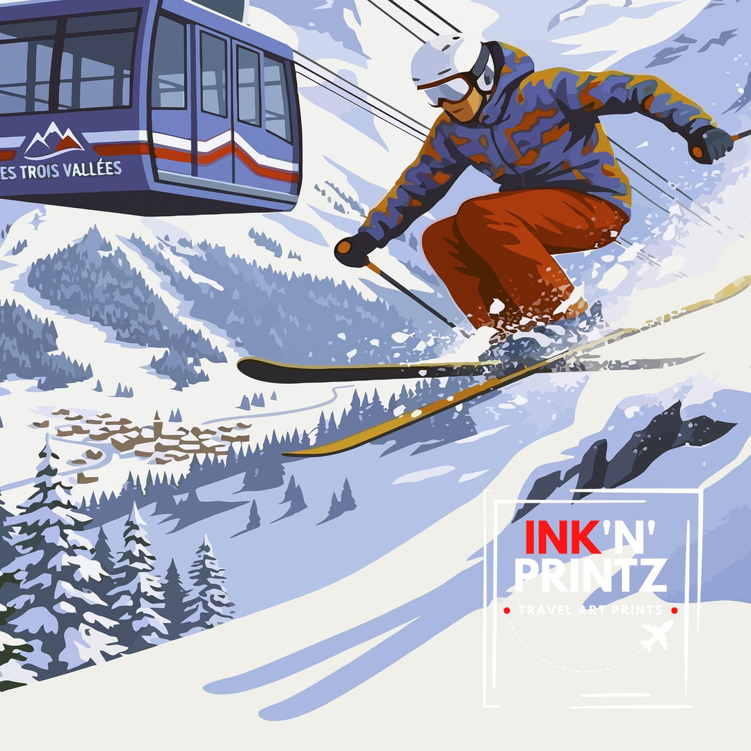Les Trois Vallees Ski Poster Print France Wall Art Mountain Resort Landscape Gift for Europe Travel Lovers and Fans of Scenic French Alps