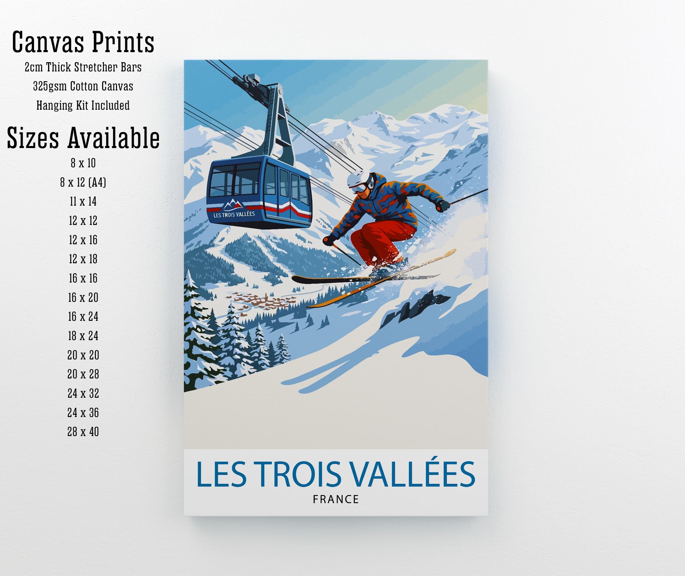 Les Trois Vallees Ski Poster Print France Wall Art Mountain Resort Landscape Gift for Europe Travel Lovers and Fans of Scenic French Alps