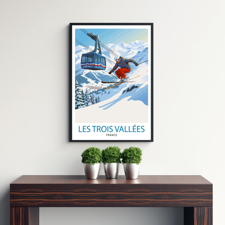 Les Trois Vallees Ski Poster Print France Wall Art Mountain Resort Landscape Gift for Europe Travel Lovers and Fans of Scenic French Alps