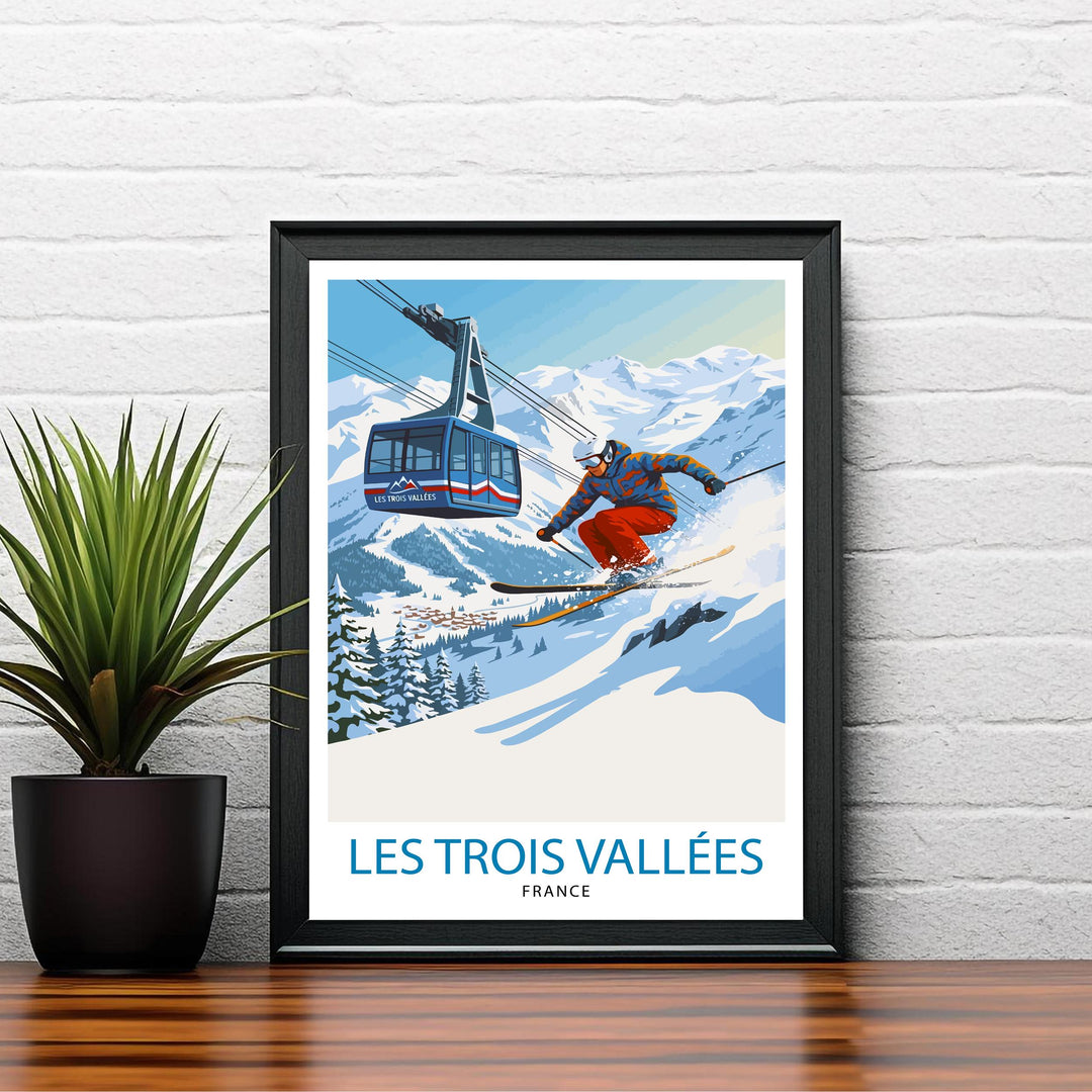 Les Trois Vallees Ski Poster Print France Wall Art Mountain Resort Landscape Gift for Europe Travel Lovers and Fans of Scenic French Alps