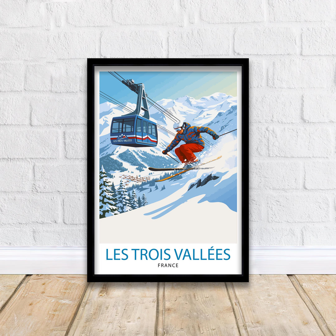 Les Trois Vallees Ski Poster Print France Wall Art Mountain Resort Landscape Gift for Europe Travel Lovers and Fans of Scenic French Alps